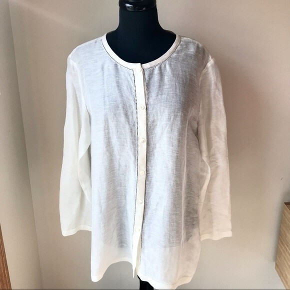 Linen Silk Tunic JONES NEW YORK White Cream Blouse Top Long Sleeve Button Up M - Picture 1 of 8